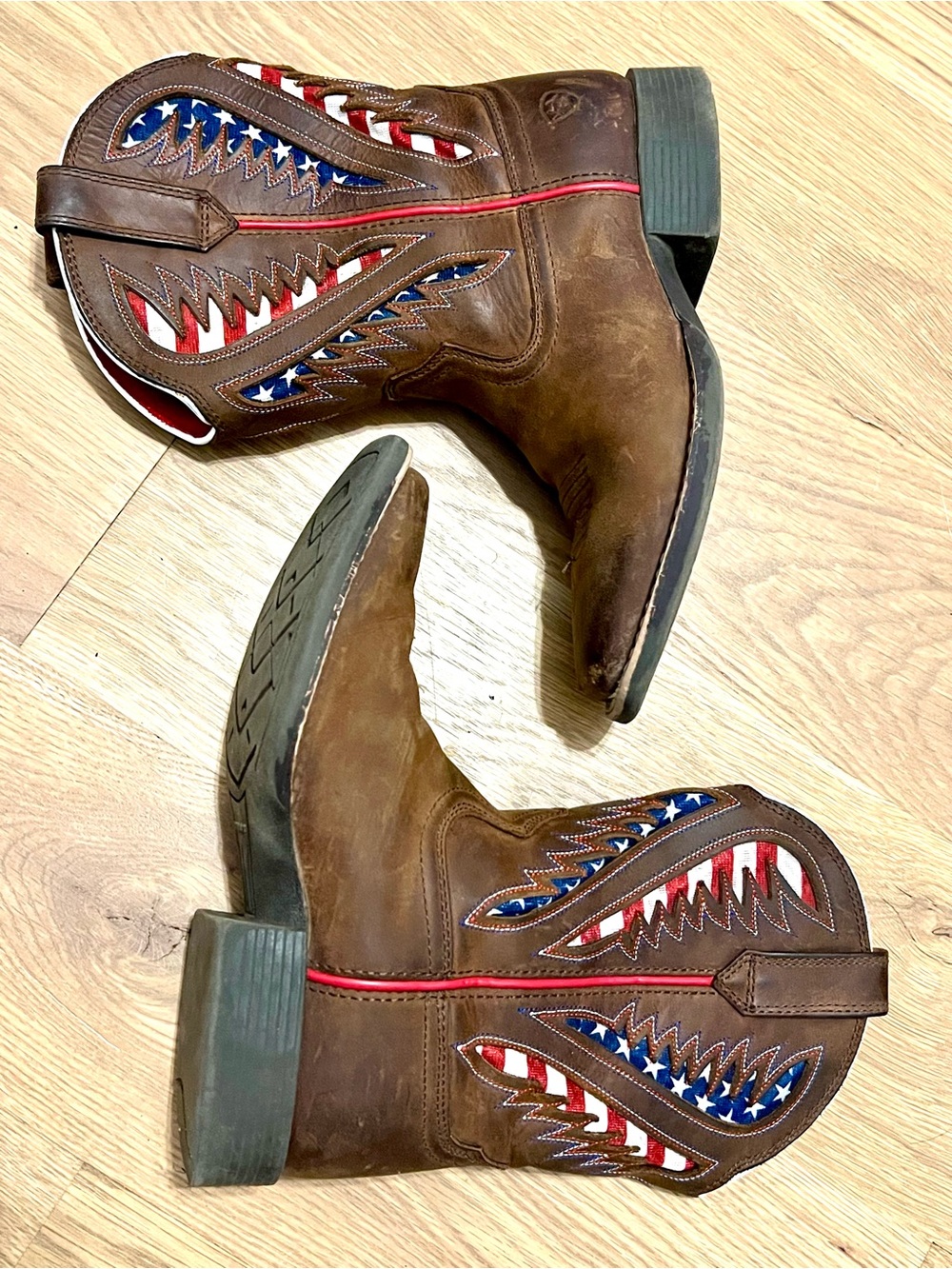 Ariat Youth Boots Quickdraw Ventek Brown Leather Cowboy Size 1 Red White Blue